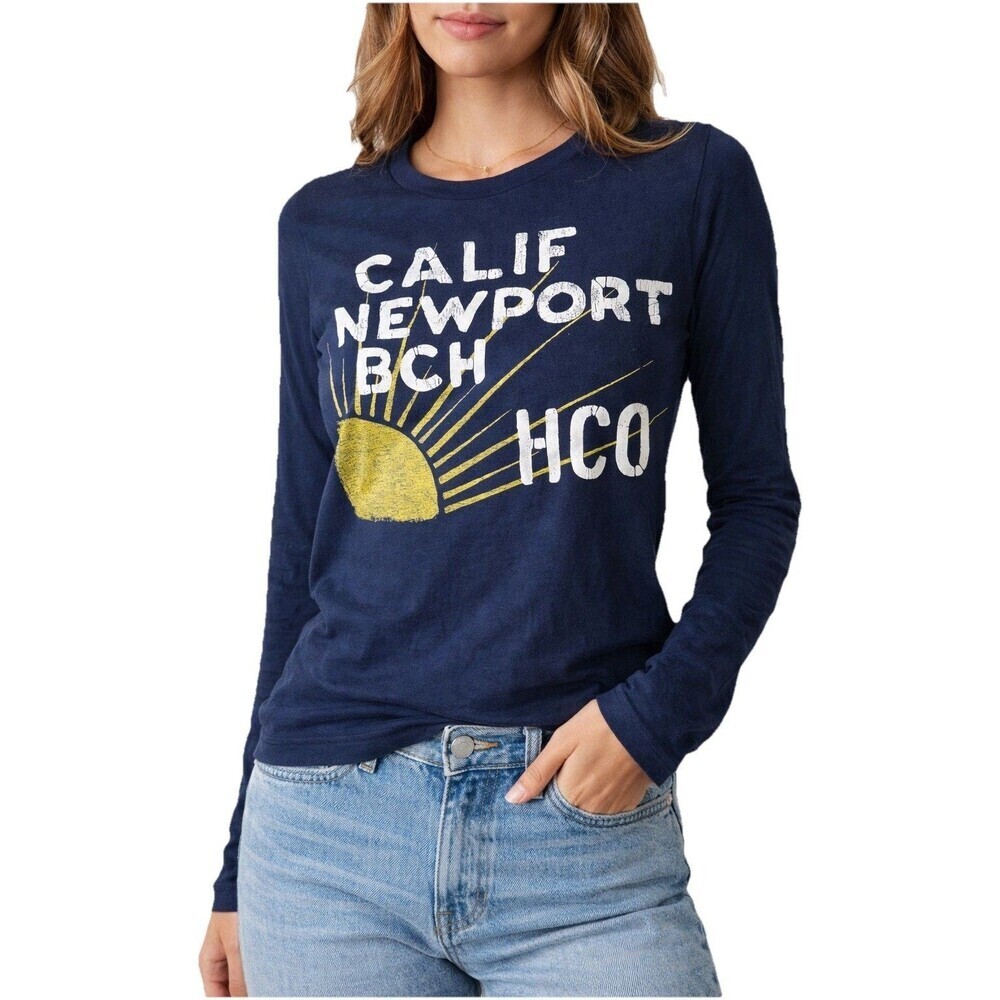 Hollister Newport Beach Graphic Long Sleeve T Shirt Women Small Navy Blue